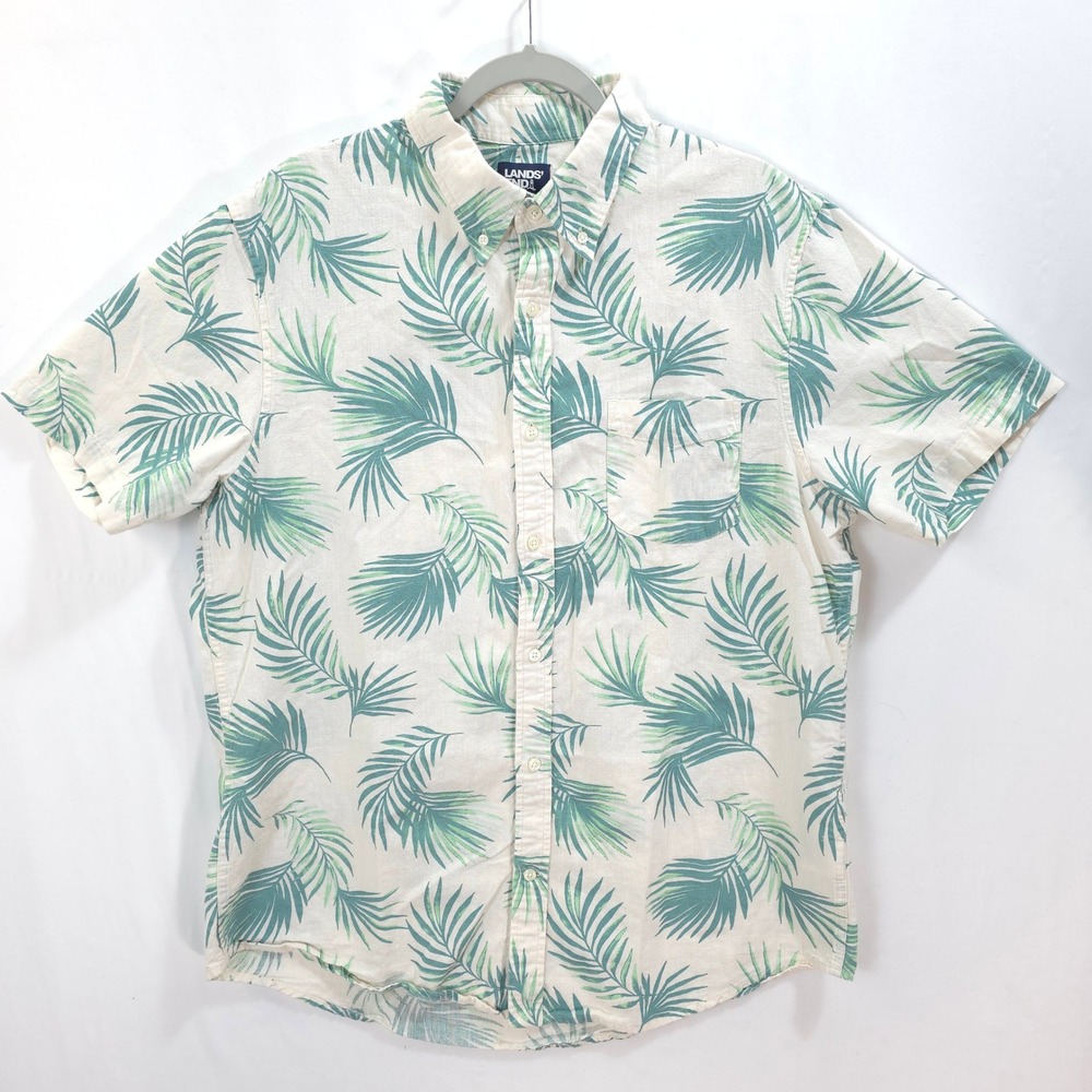 Lands End Button Down Men L Palm Leaf Print Green Cotton Tropical Coastal Resort